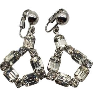 Drop Rhinestone Clip On Earrings Vintage MCM Dangle Silver Tone Vintage 1950s